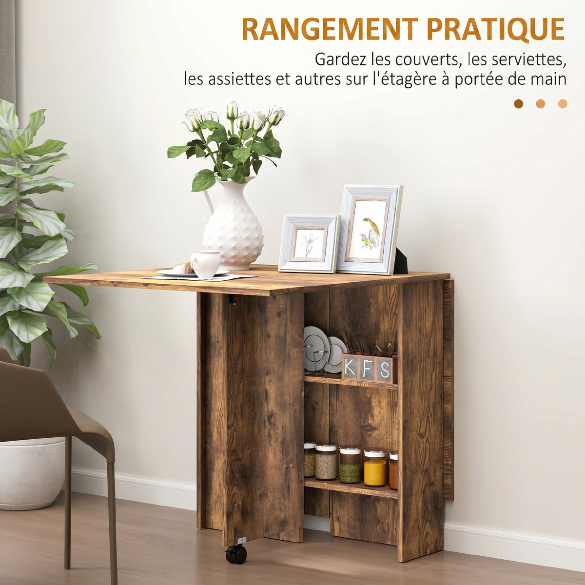 Table à Manger Pliante Mobile sur Roulettes, 2 Plateaux Rabattables, 2 Étagères Intégrées, 140x80x74cm, Brun Rustique-4