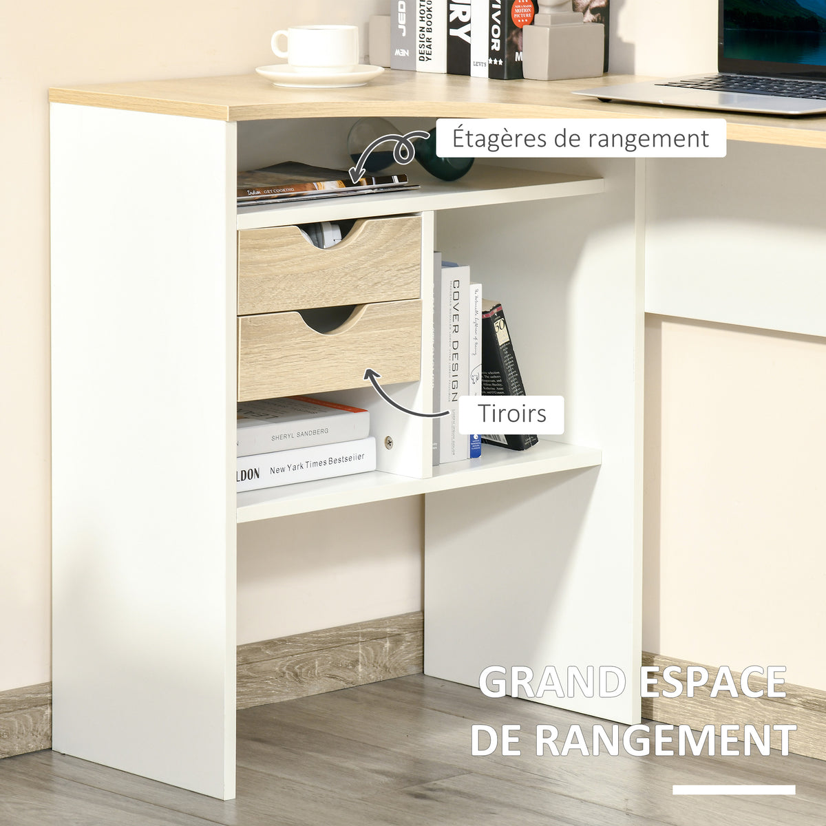 Bureau d'Angle avec 2 Tiroirs, 120 x 60 cm, Bureau en L avec 3 Compartiments Ouverts, Table Informatique pour Étudier, Travailler, Chambre, Maison, Chêne Clair-3