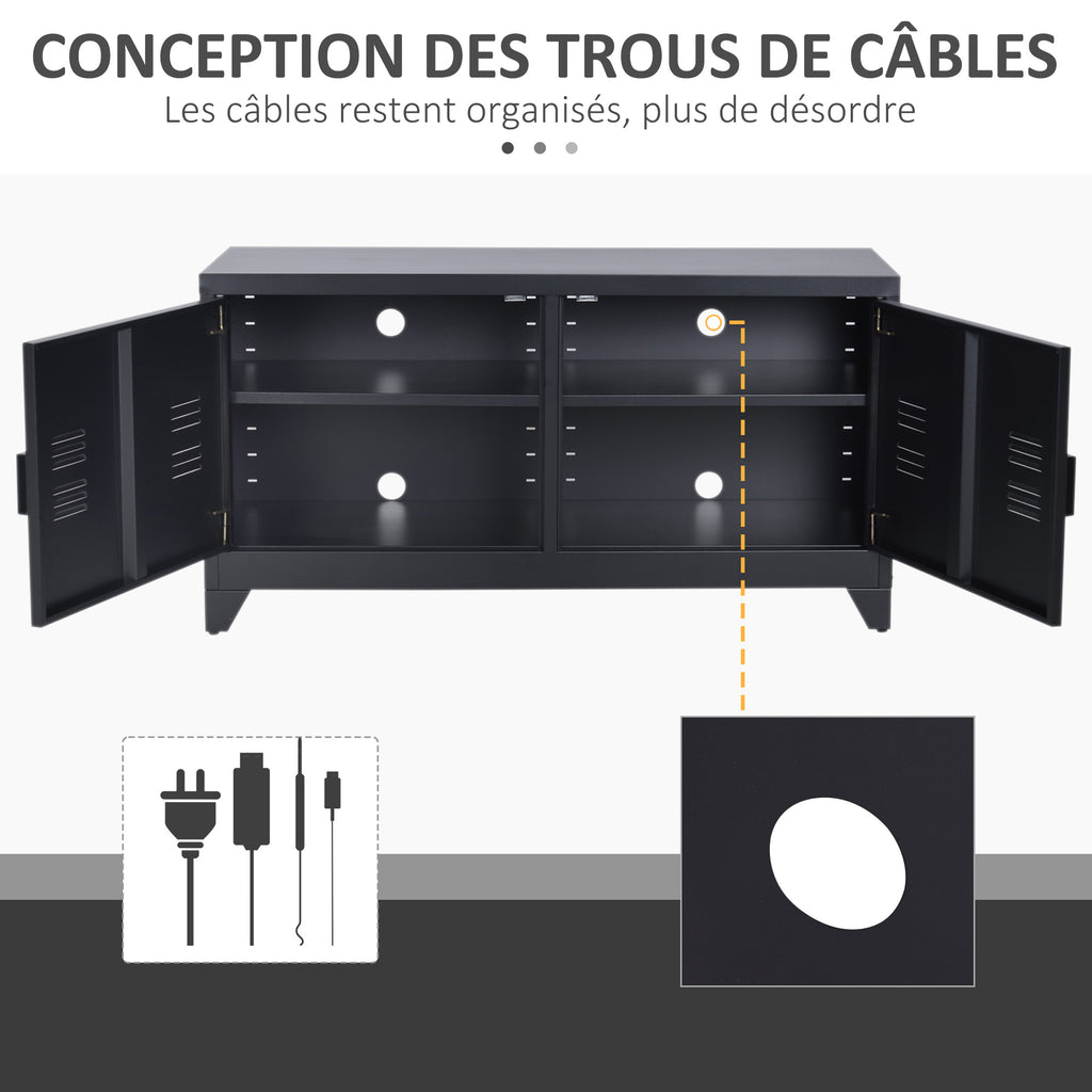 Meuble TV banc télévision design industriel 2 placards avec 2 étagères réglables passe-câbles structure acier noir-6