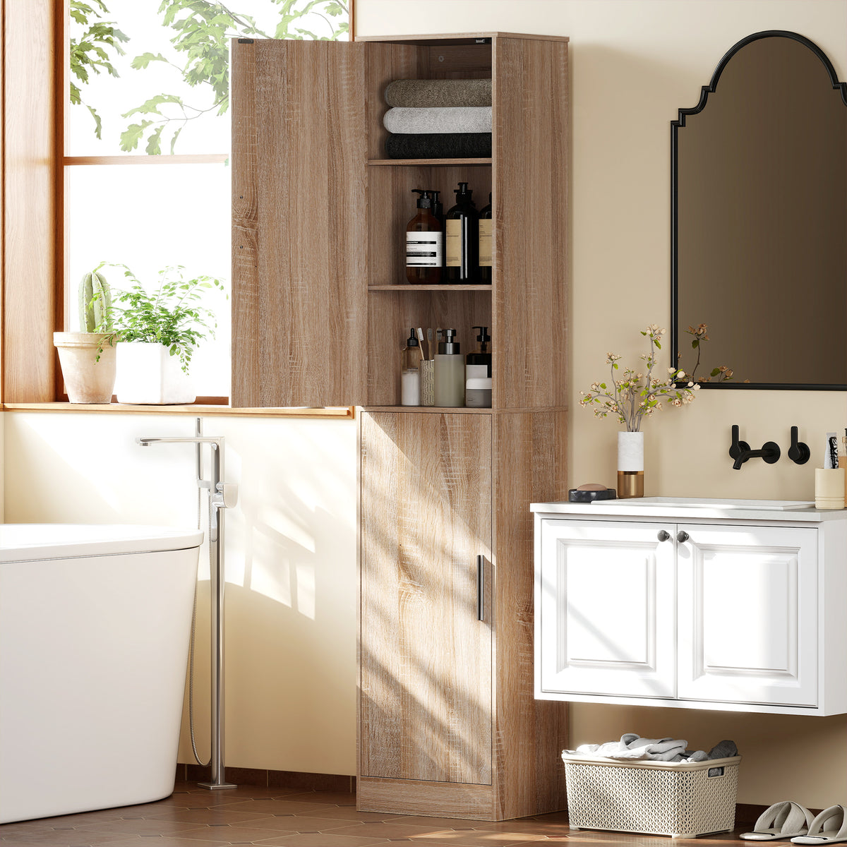 Meuble de salle de bain colonne avec 2 portes et 4 étagères réglables, 40 x 35 x 180 cm, bois naturel-1