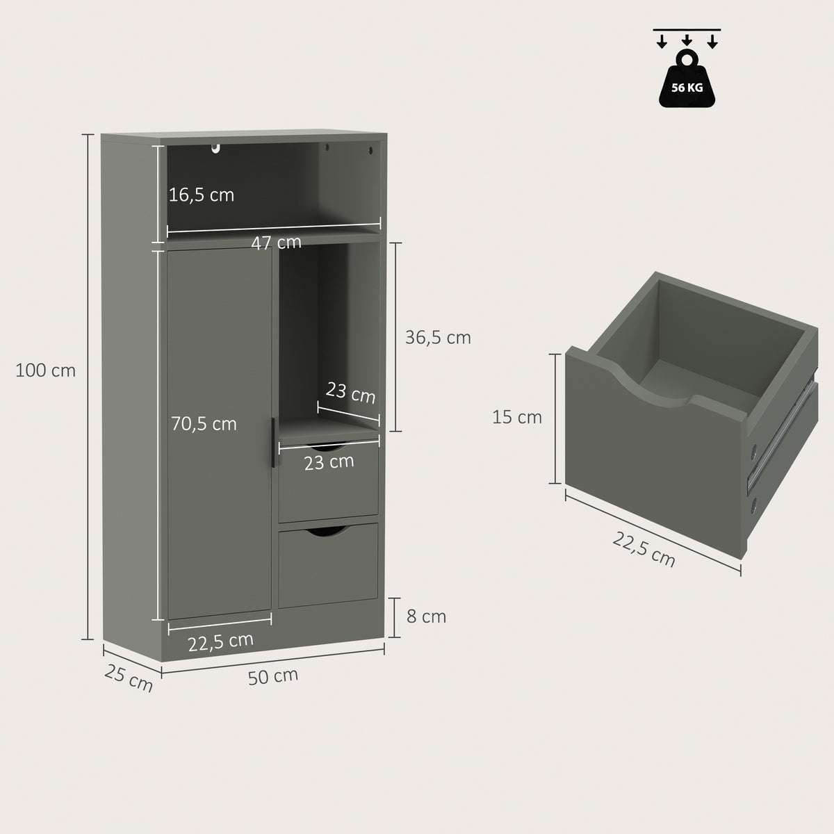 Meuble de salle de bain, meuble de rangement étroit avec 2 tiroirs, compartiments ouverts, 50x25x100cm, vert clair-2