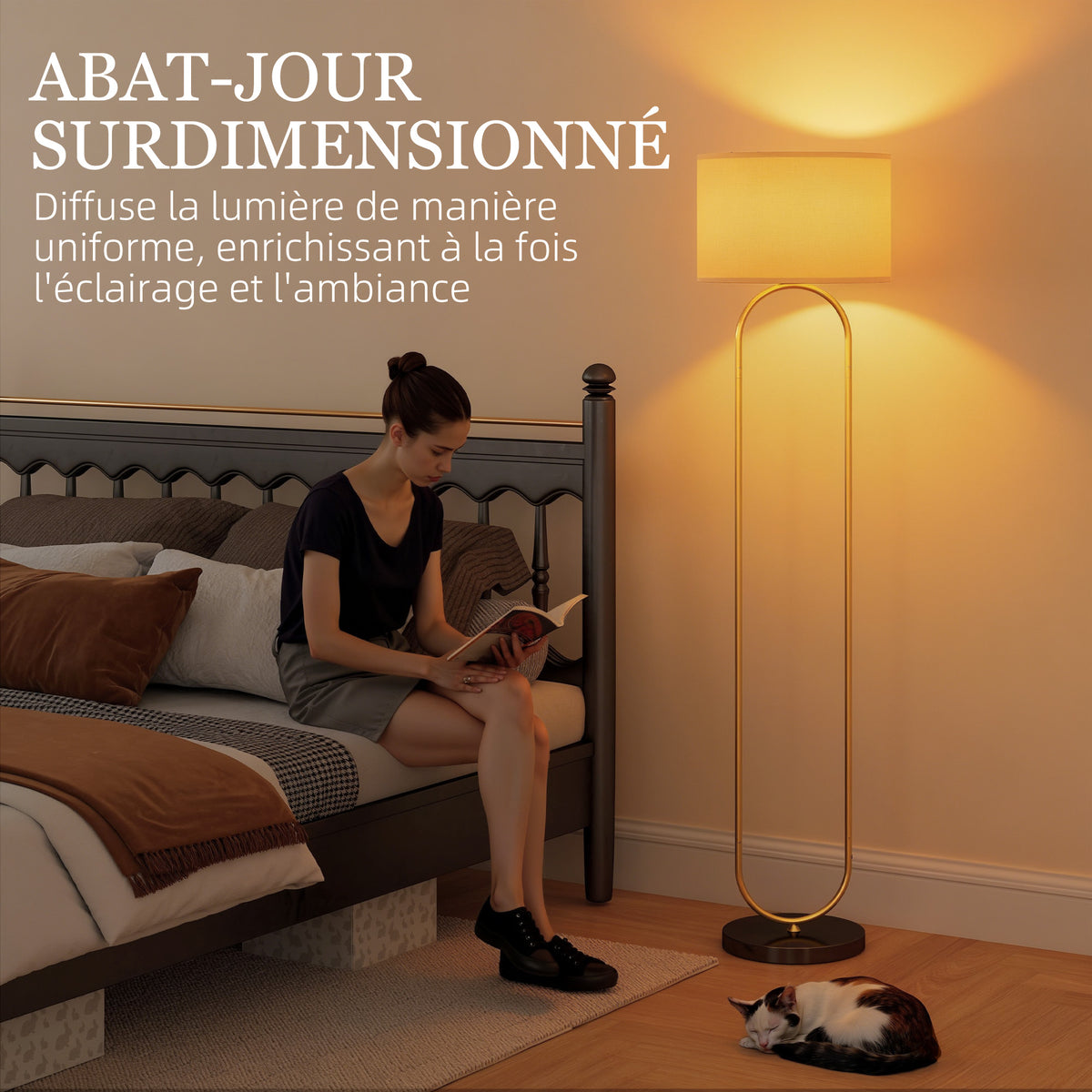 Lampadaire abat-jour en lin douille E27 style moderne interrupteur à pied pour salon et chambre 156 cm doré et noir-4