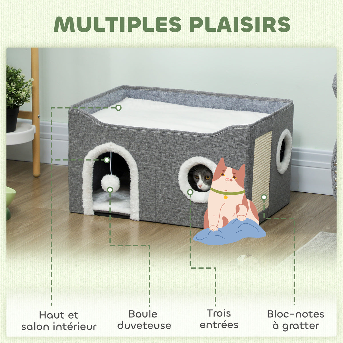 Niche Chat Interieur Pliable avec Griffoir, Lit Surélevé, Entrées, Jouet Suspendu, Coussin Réversible, 60x40x34cm, Gris-3