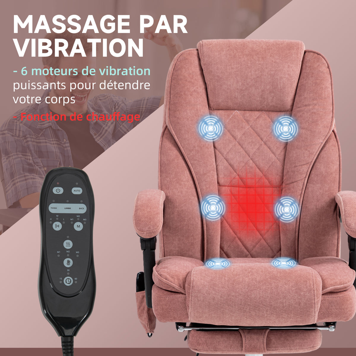 Fauteuil de bureau massant et chauffant hauteur réglable dossier inclinable télécommande repose-pieds rétractable rose-3