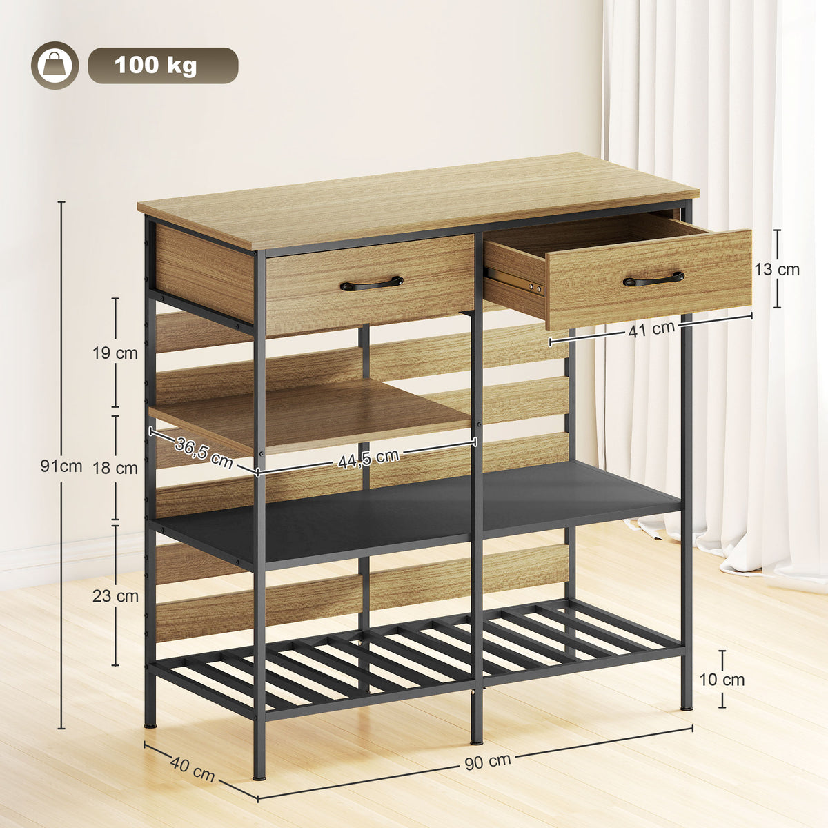 Buffet cuisine, meuble de rangement avec 2 tiroirs et 3 étagères ouvertes, 90 x 40 x 91 cm, bois naturel et noir-2