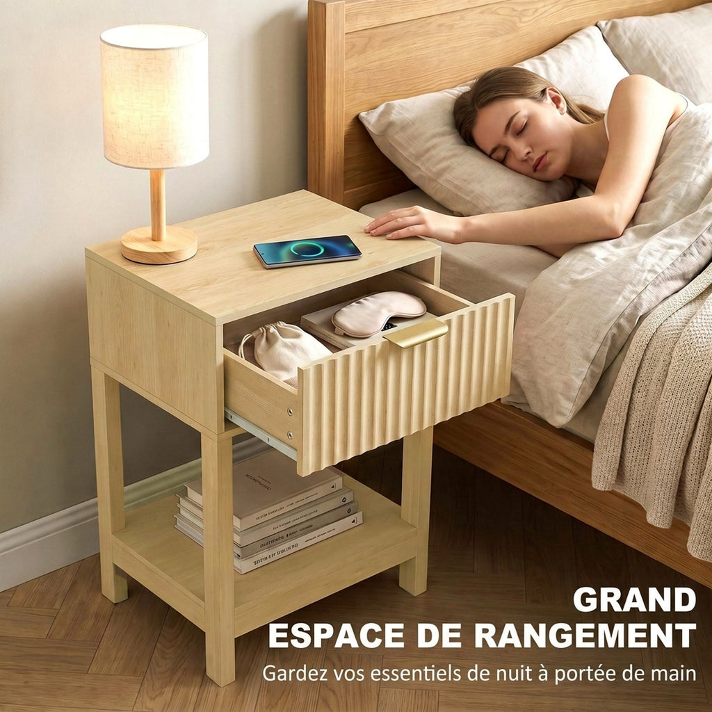 Lot de 2 Tables de Chevet, Tables d'Appoint avec Tiroir, Façade Rainurée et Étagère Ouverte, 40 x 30 x 60 cm, Chêne-4