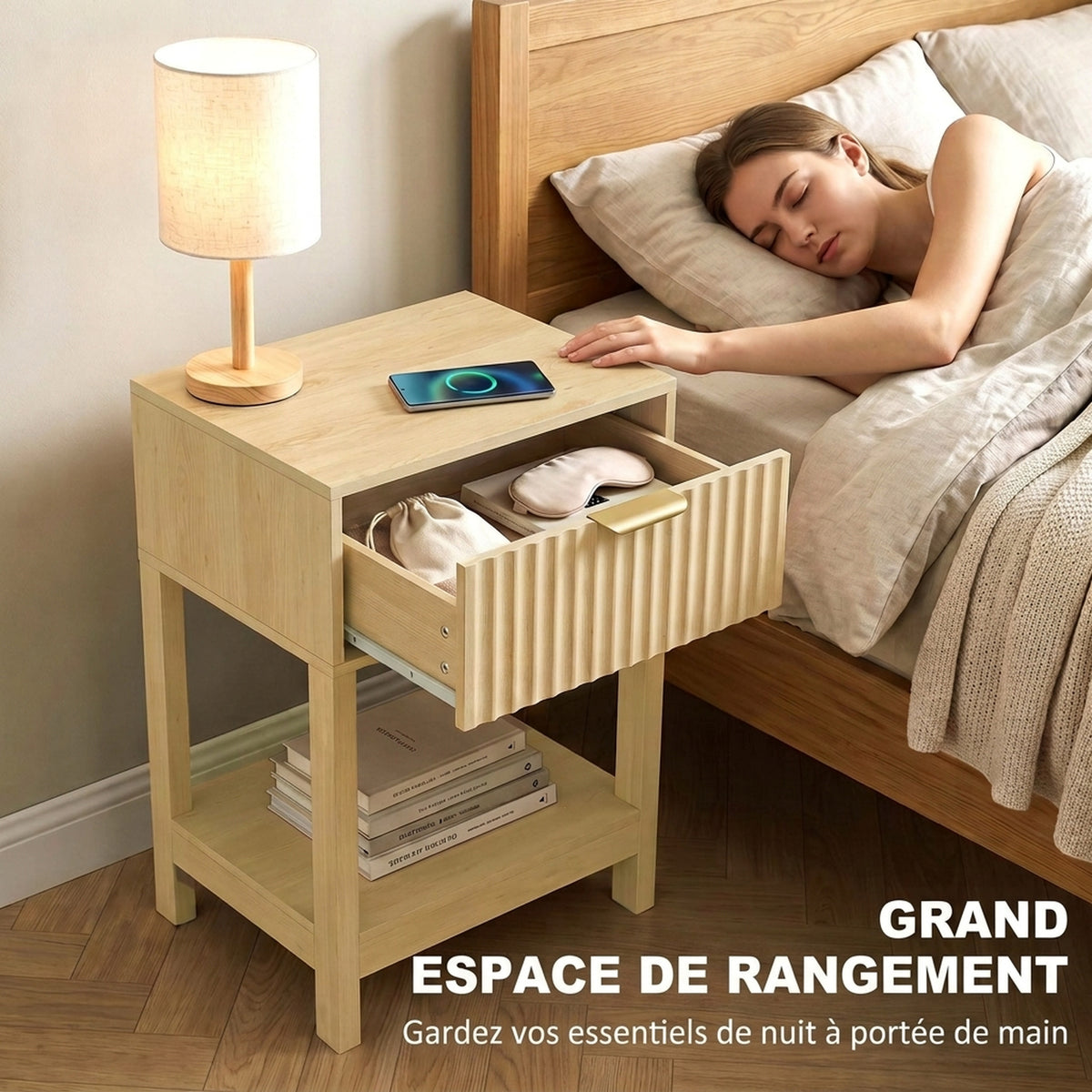 Lot de 2 Tables de Chevet, Tables d'Appoint avec Tiroir, Façade Rainurée et Étagère Ouverte, 40 x 30 x 60 cm, Chêne-4