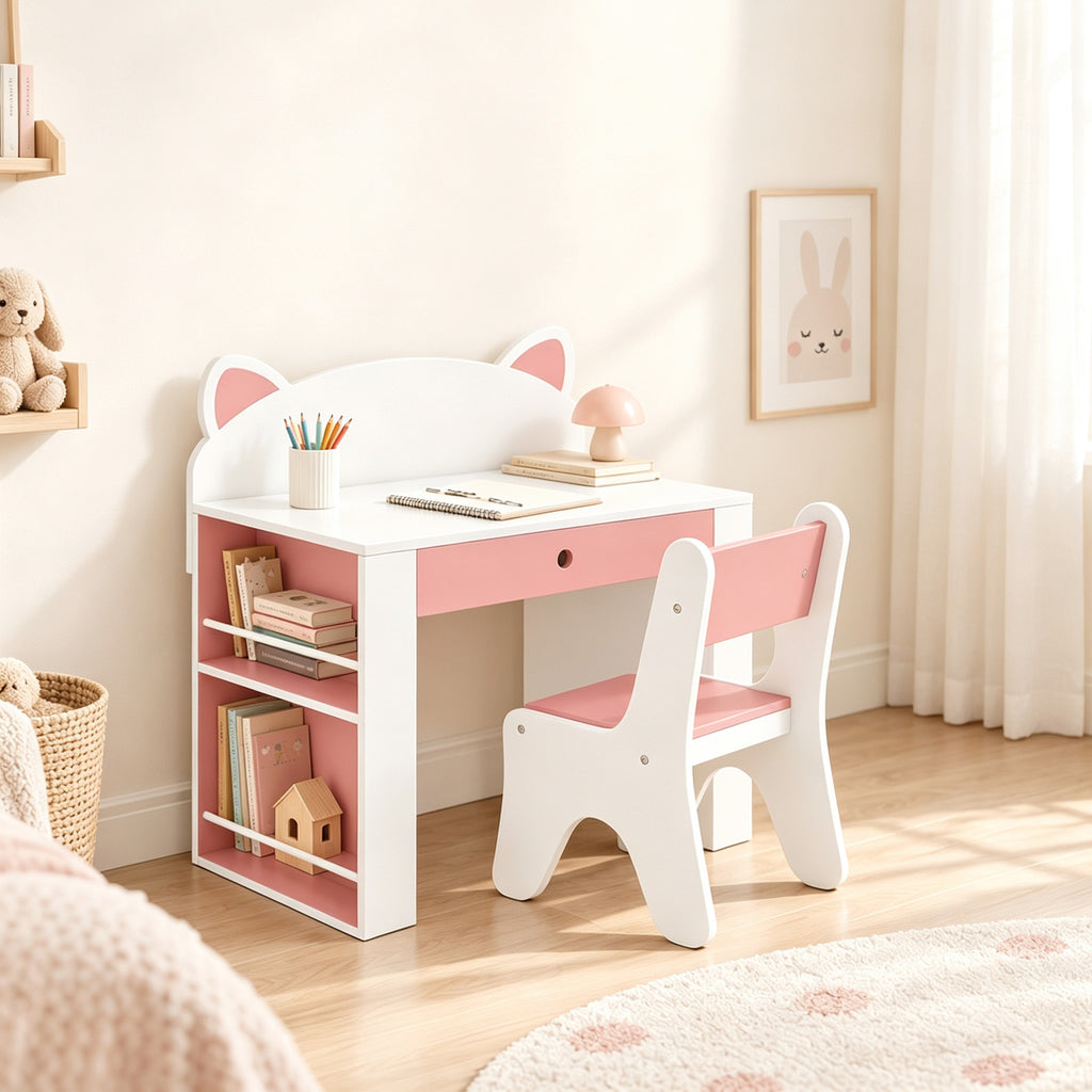 Bureau et Chaise pour Enfant 2 Pièces, Ensemble Table d'Activité, Tiroir, Bibliothèque pour Dessin, Lecture, Blanc Rose-8