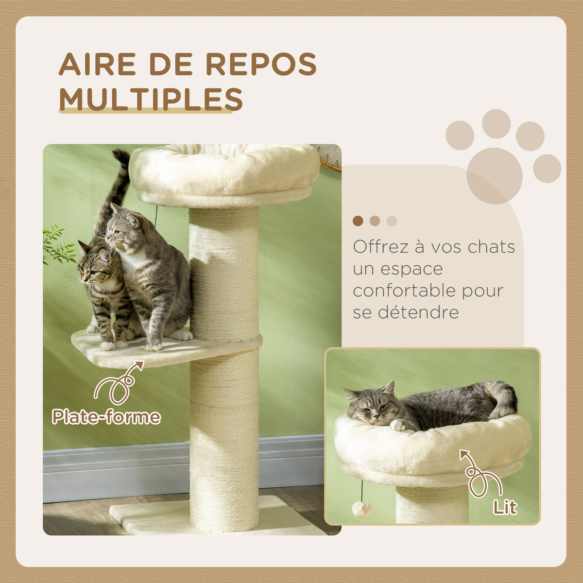 Arbre à chat griffoir sisal naturel 2 plateforme panier observation jeu boule suspendue peluche beige-3