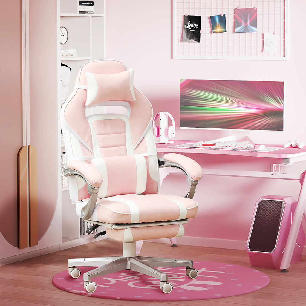 Chaise gaming, fauteuil gaming ergonomique avec repose-pieds, hauteur réglable, dossier inclinable, 63x63x123cm, rose-1