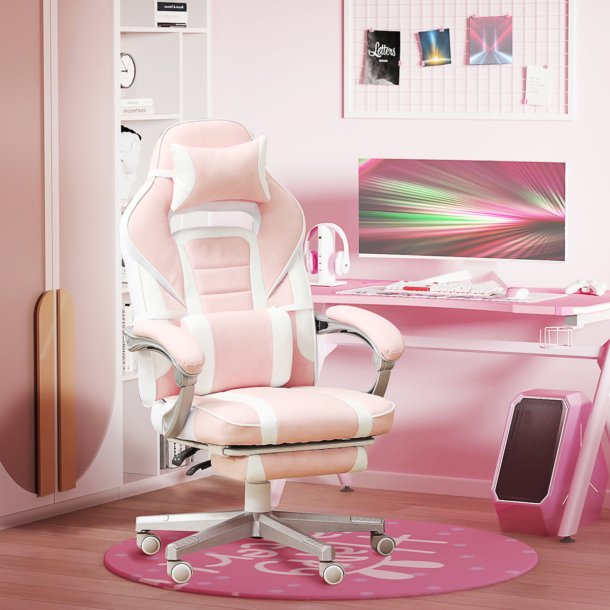 Chaise gaming, fauteuil gaming ergonomique avec repose-pieds, hauteur réglable, dossier inclinable, 63x63x123cm, rose-1