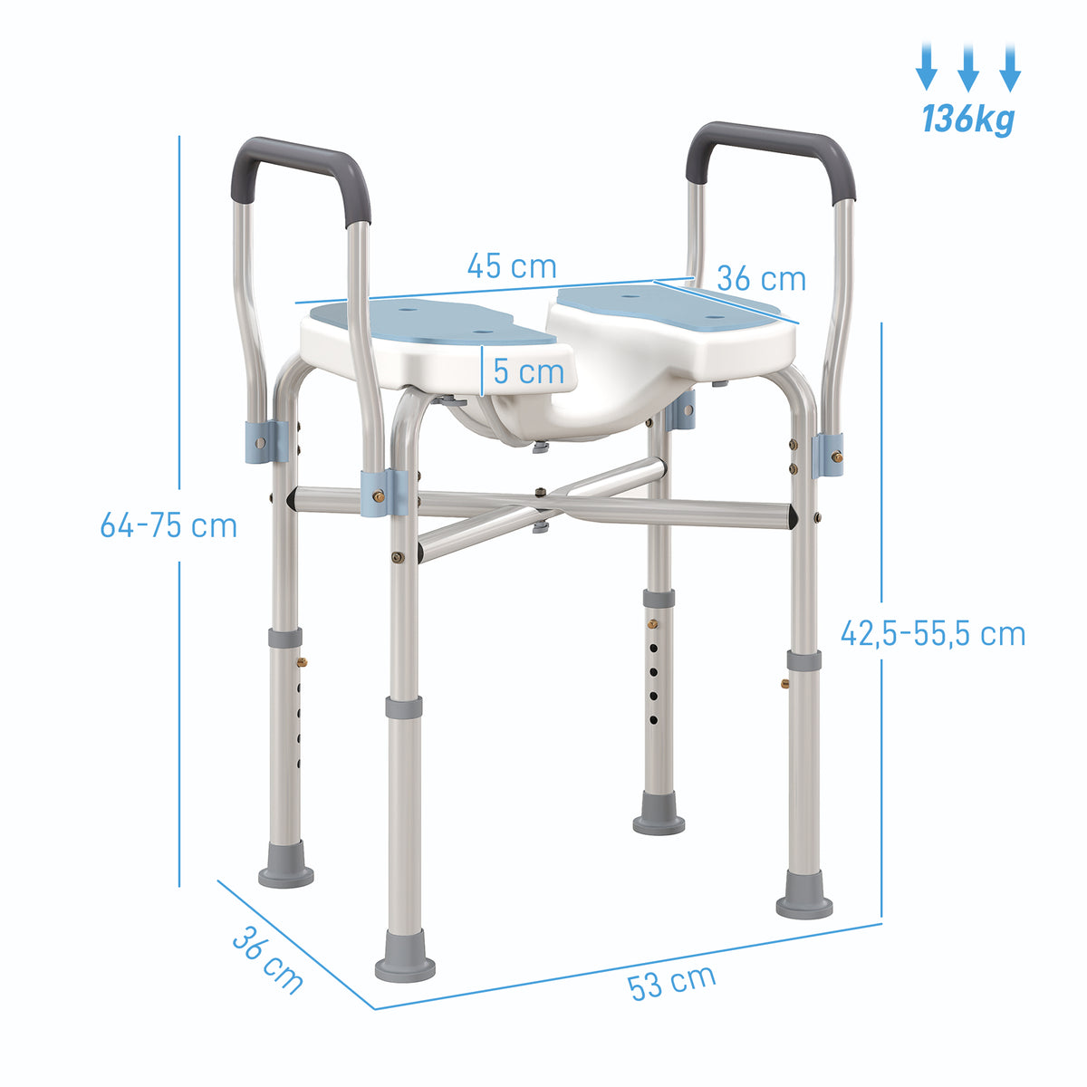 Chaise de douche avec accoudoirs siège de douche en forme U hauteur réglable anti-dérapant 53 x 36 x 64-75 cm bleu clair-2