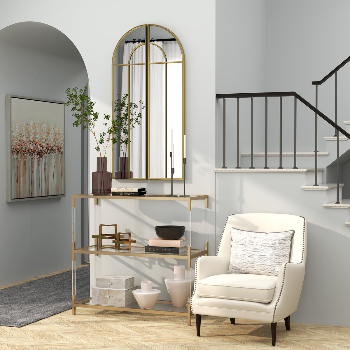 Miroir mural arc 30 x 120 cm, grand miroir décoratif avec cadre métallique, pour salon, chambre, couloir, ton doré-7