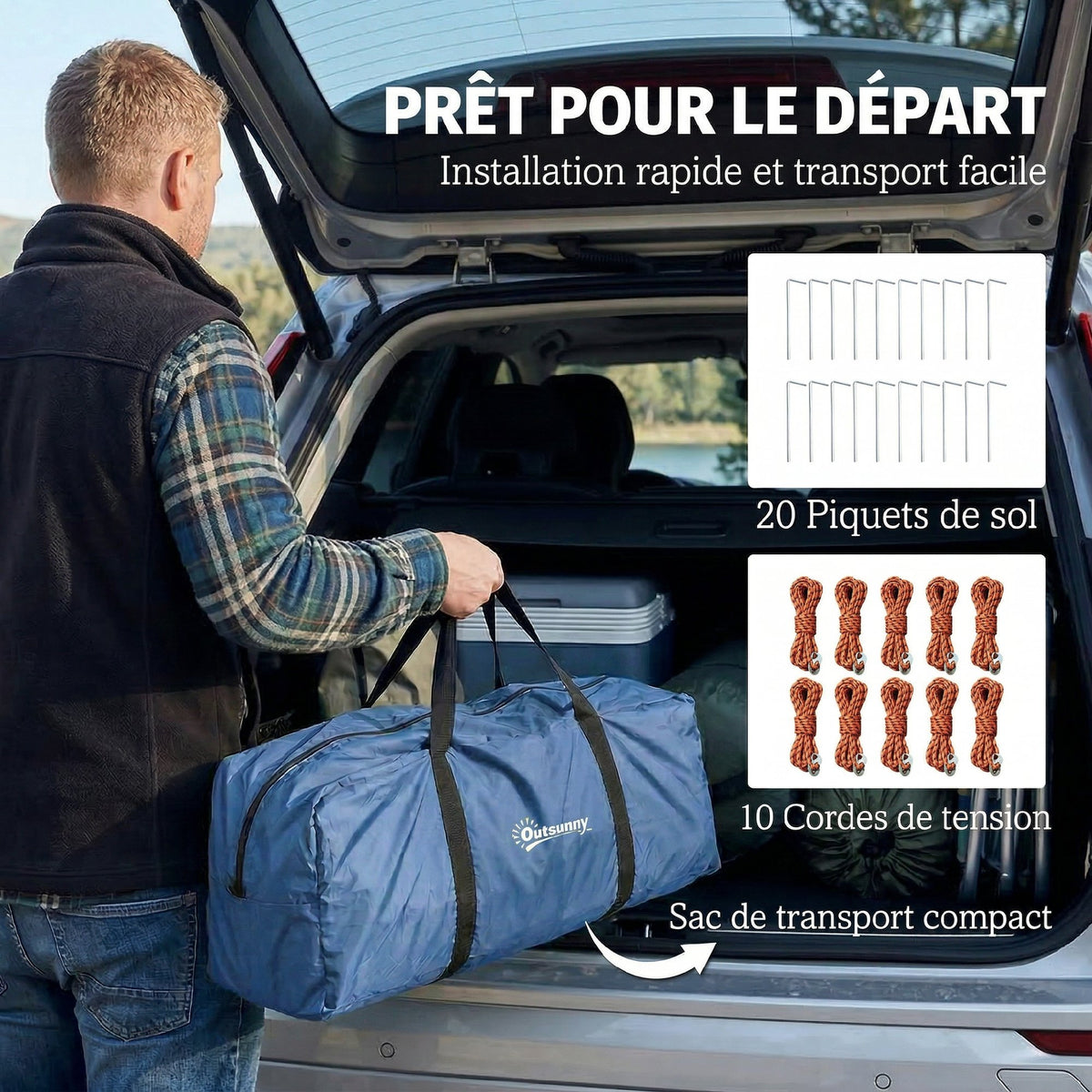 Tente de Camping Tunnel pour 4 Personnes Imperméable 3000mm Double Couche Hauteur 190cm Bleu Foncé-8