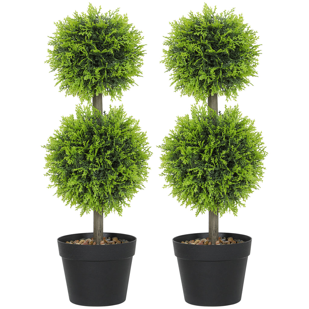Lot de 2 plantes artificielles décoratives, boules de buis artificiel 60 cm avec pot, plastique, vert-0