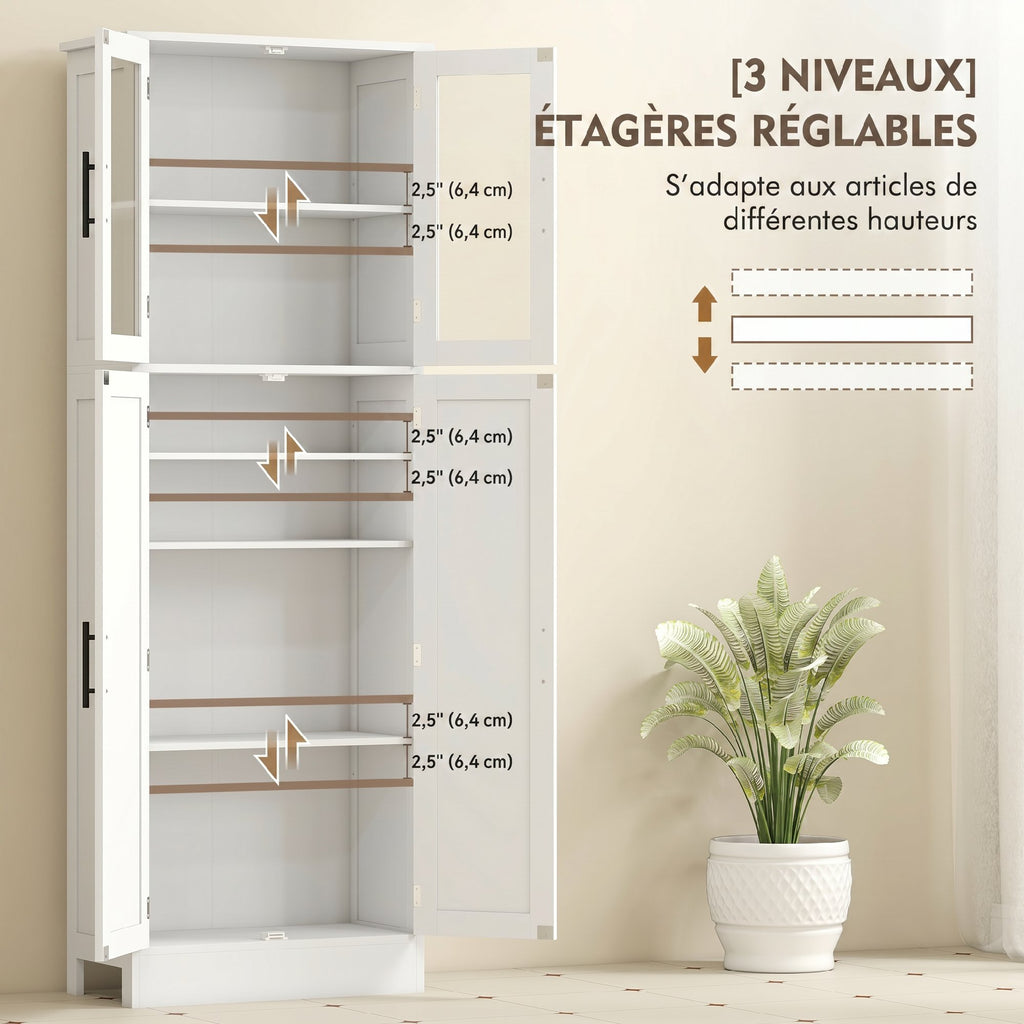 Meuble de salle de bain haut 6 niveaux, meuble de rangement avec 4 portes dont 2 vitrées et étagères réglables, blanc-4