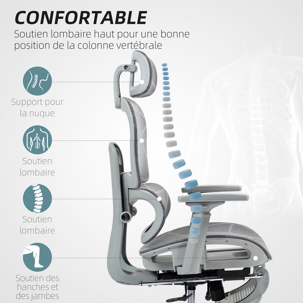 Fauteuil de bureau, chaise de bureau ergonomique en maille avec accoudoirs 3D, dossier inclinable, 66x64x122 cm, gris-3