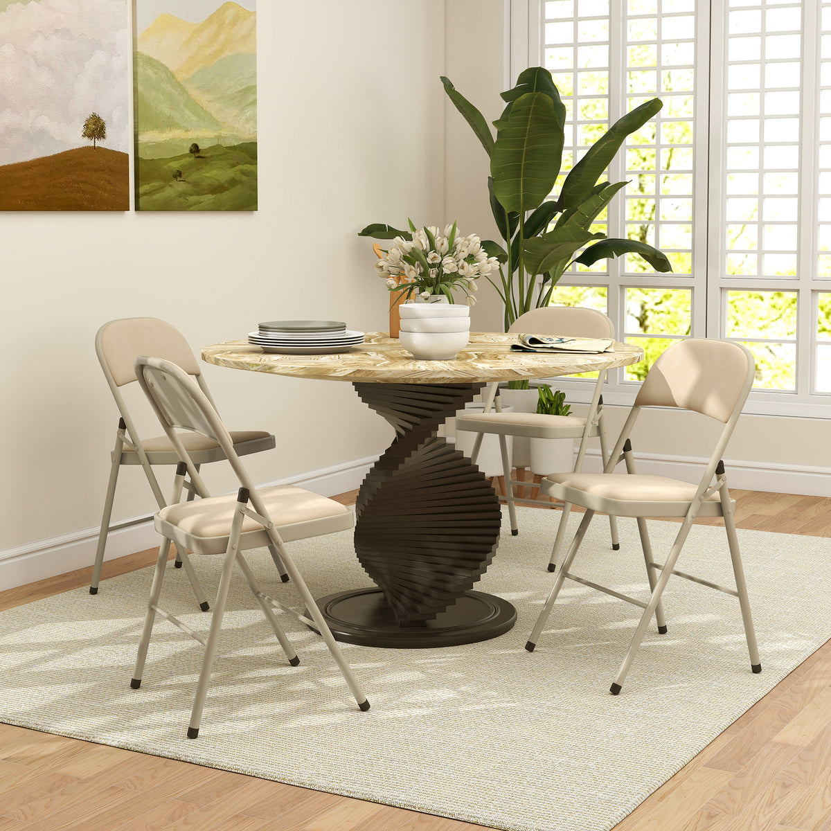 Lot de 4 chaises pliantes et portables intérieur avec assises et dossiers rembourrés en velours, cadre en acier, beige-1