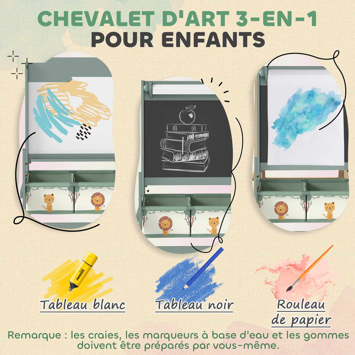 Tableau enfant 3 en 1 chevalet enfants à double face, tableau noir et blanc, avec rouleau de papier 54 x 46 x 94 cm vert-3