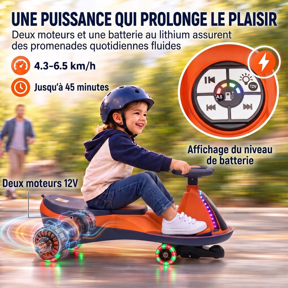 Voiture Électrique Enfant 12V, Véhicule Électrique Enfant avec Batterie Lithium, Éclairage RGB, Roues Lumineuses, Orange-4