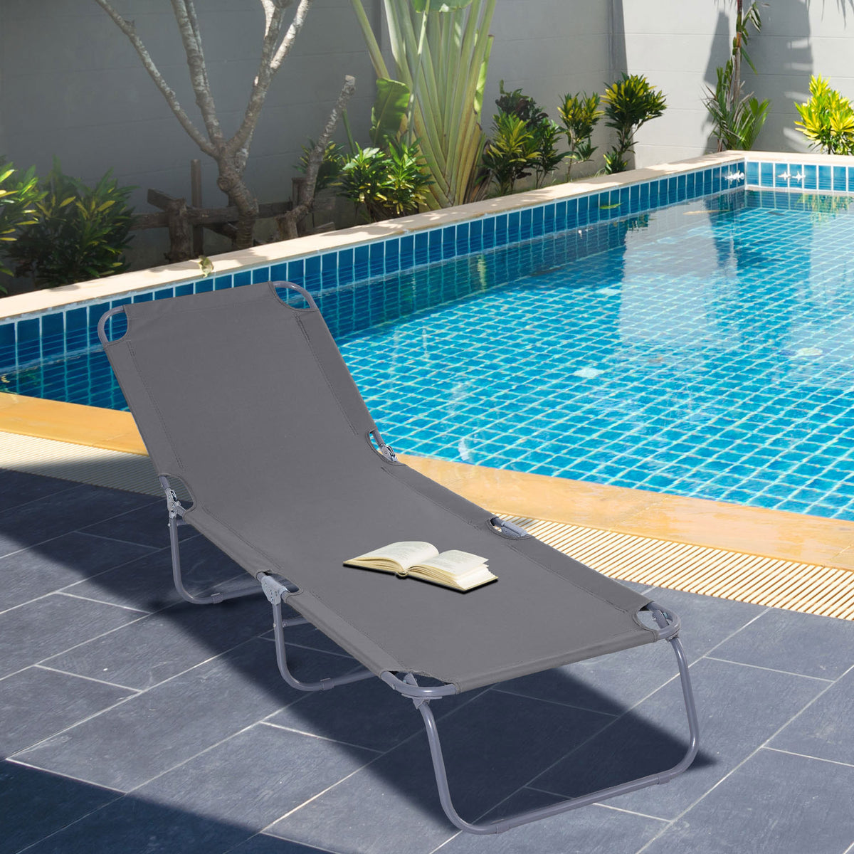 Bain de Soleil transat Pliable Dossier réglable Multipositions métal et Polyester Gris-1