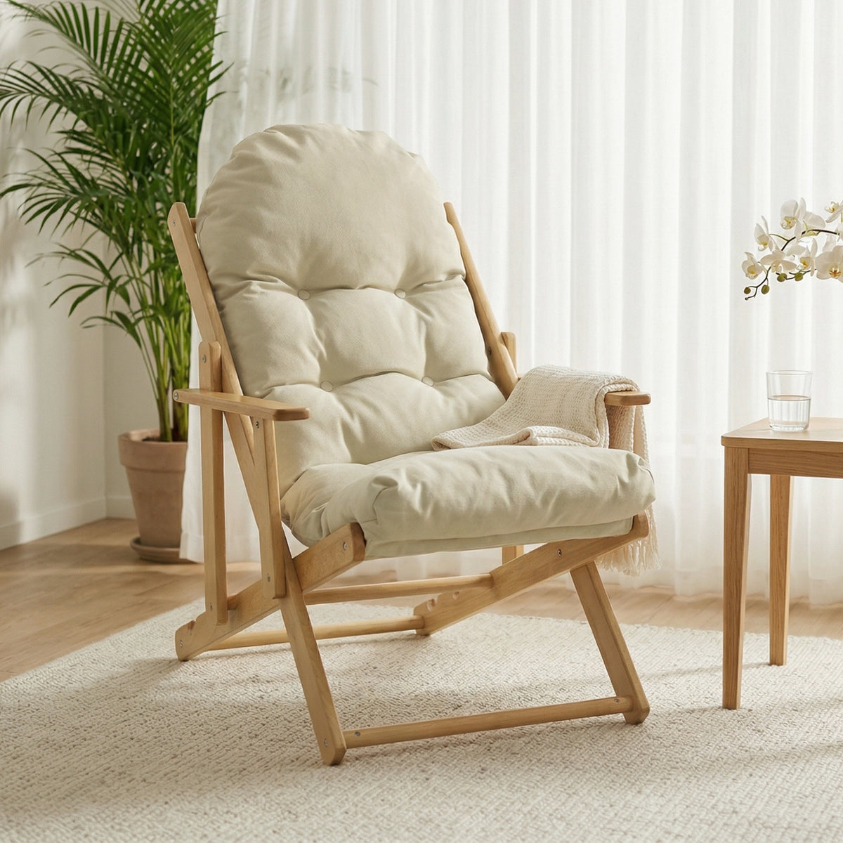 Fauteuil Chaise de Salon Pliable et inclinable en Bois Fauteuil Relax Confortable avec Coussin capitonné épais-1
