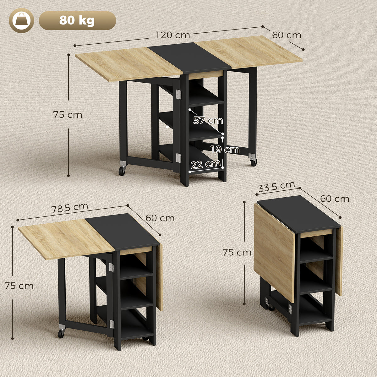 Table à Manger Pliante sur Roulettes, Table de Cuisine pour 2 à 4 Personnes avec Étagères de Rangement, Chêne et Noir-2