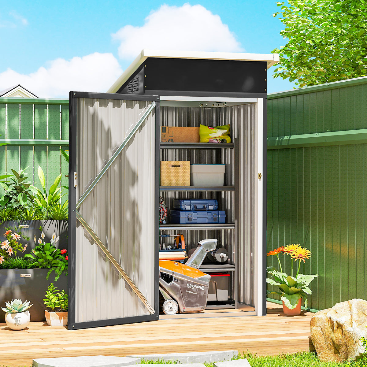 Abri de jardin en métal, cabane de jardin, porte verrouillable, toit incliné, aérations et gants, 107,5x91x185cm, gris-1