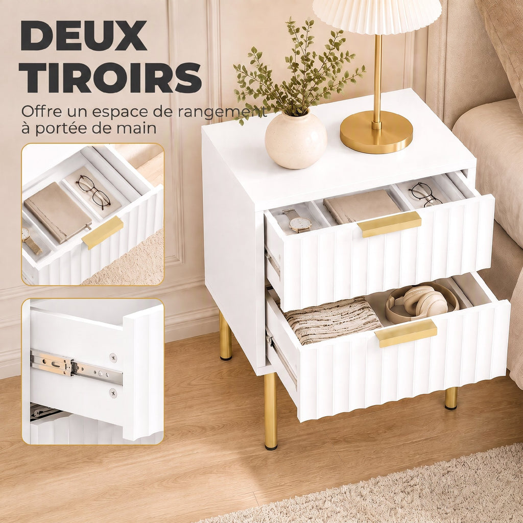 Table de chevet, table de nuit cannelée avec 2 tiroirs et pieds en acier, pour chambre à coucher, salon, blanc-4