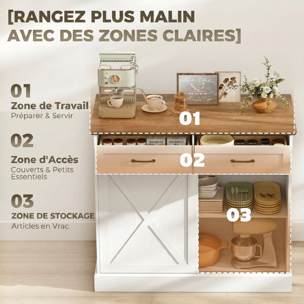 Buffet cuisine, buffet cuisine, meuble de rangement avec 2 tiroirs 2 portes coulissantes, étagère réglable, blanc-4