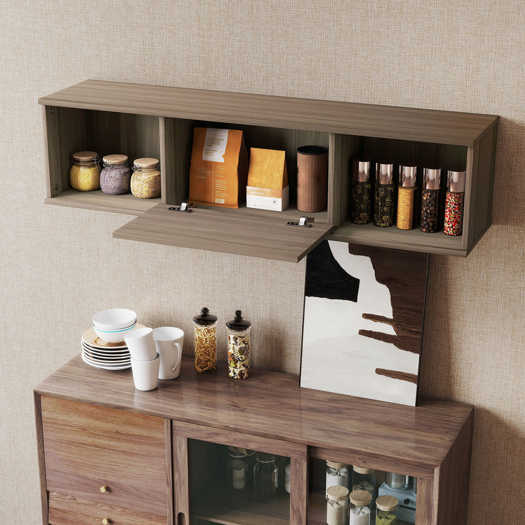 Meuble TV suspendu, Armoire murale avec 2 compartiments ouverts et porte rabattable, 120 x 30 x 29,5 cm, marron-6