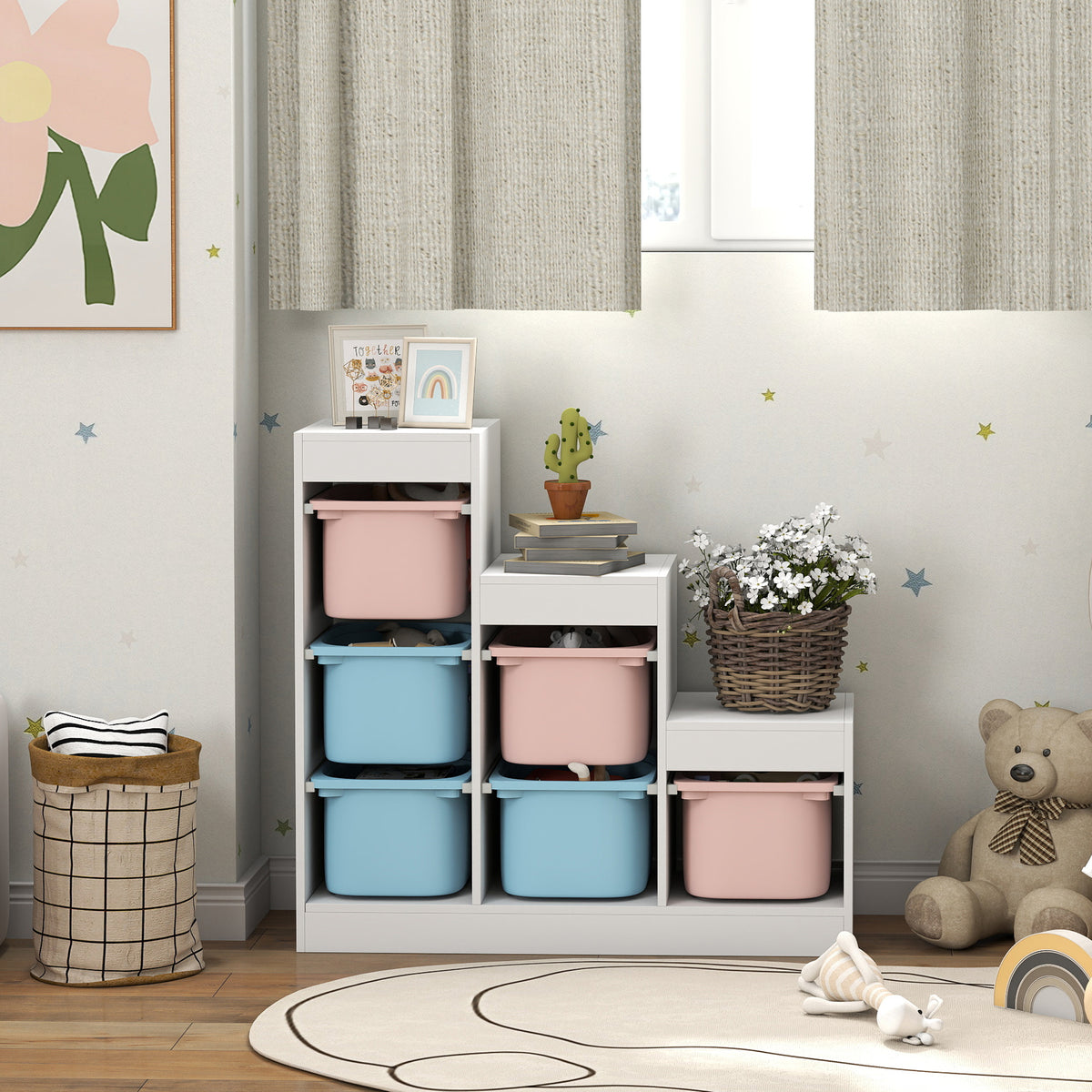 Meuble de rangement pour jouets des enfants avec 6 bacs amovibles, 3 niveaux de rangement, 96 x 38,5 x 90, multicolore-7