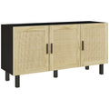 Meuble de rangement avec placards à portes effet cannage, étagères réglables, 136 x 41 x 70 cm, noir et bois naturel-0
