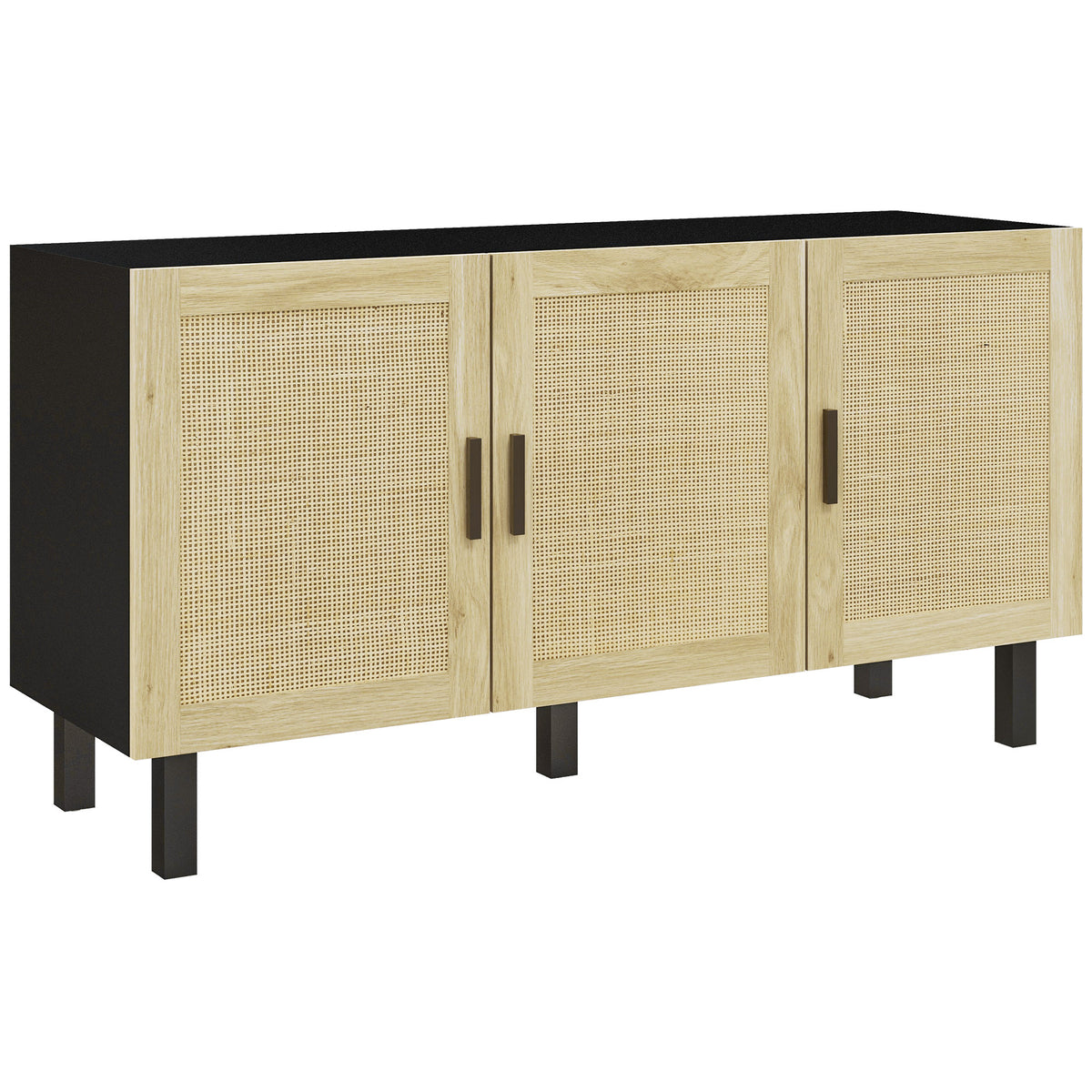 Meuble de rangement avec placards à portes effet cannage, étagères réglables, 136 x 41 x 70 cm, noir et bois naturel-0