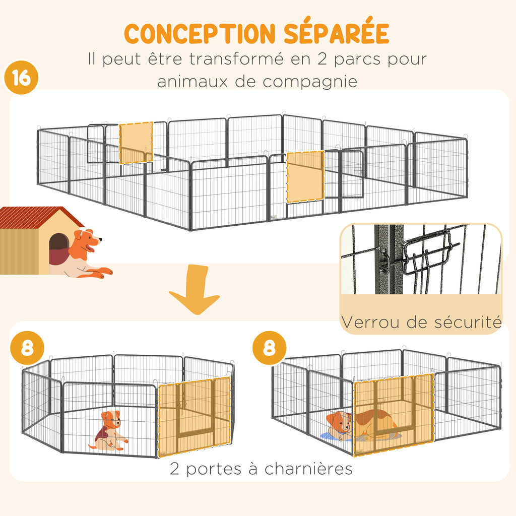 Parc pour chien, enclos chien 16 panneaux modulable et pliable, portable en acier avec portes 80 x 60 gris-4