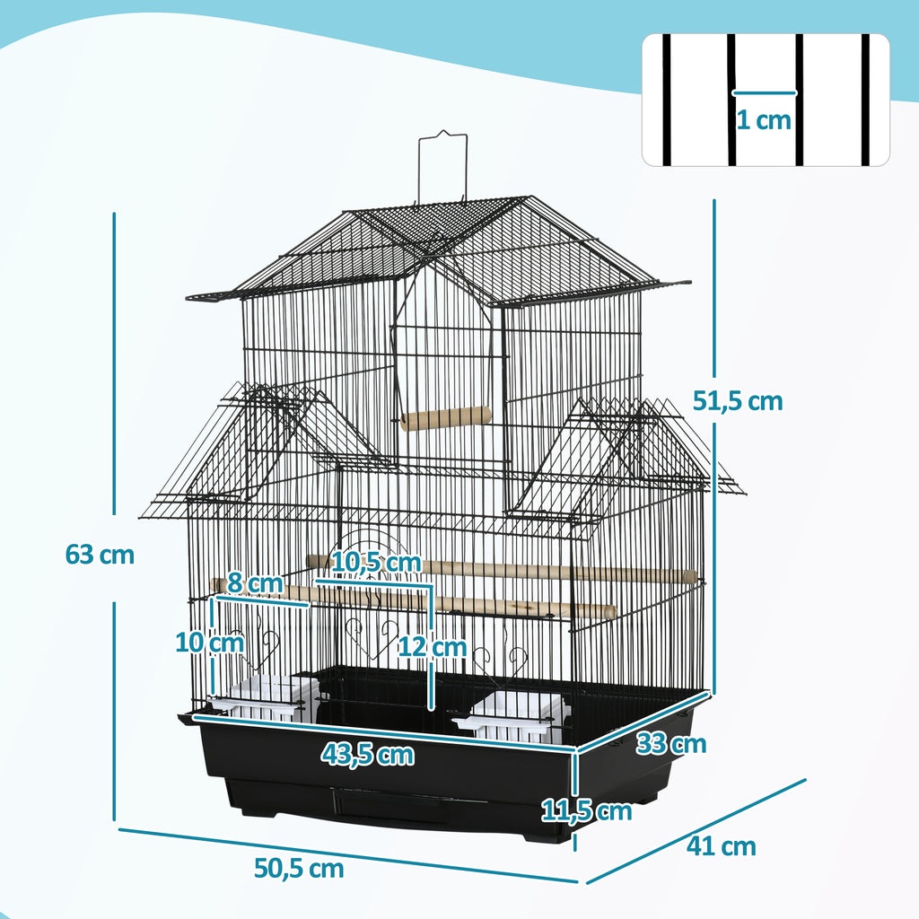 Cage à oiseaux design maison mangeoires perchoirs 3 portes plateau excrément amovible + poignée transport 50,5 x 41 x 63 cm noir-2