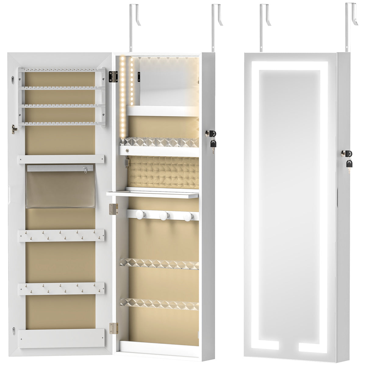 Armoire à bijoux avec LED, organisateur de bijoux mural/de porte verrouillable avec miroir, 37 x 10,5 x 108 cm, blanc-0
