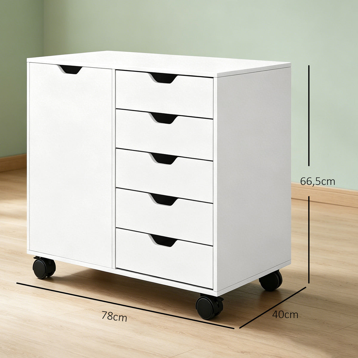 Meuble de rangement pour bureau 5 tiroirs 1 porte étagère réglable, support imprimante roulettes, 78x40x66,5 cm, blanc-2