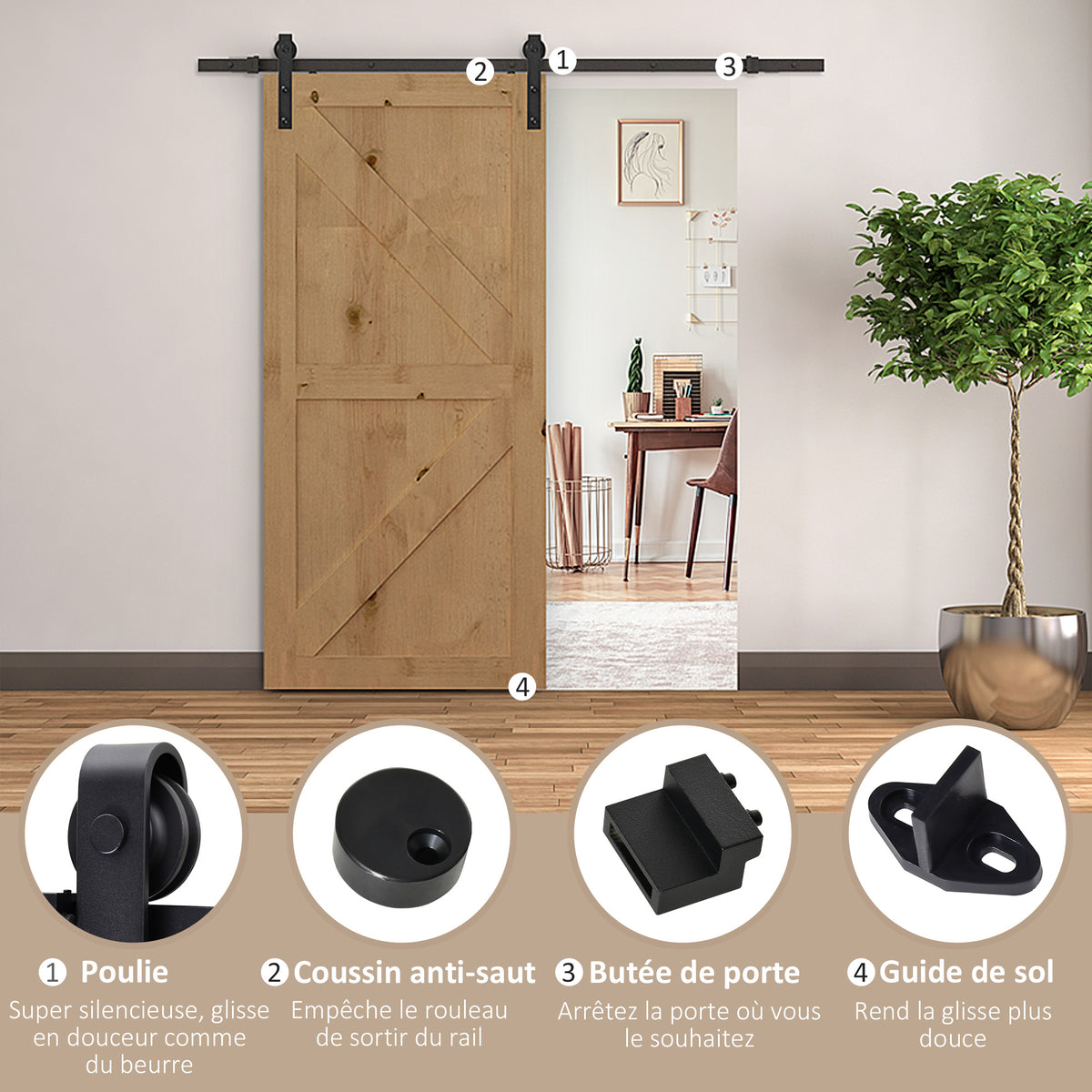 200 CM Rail porte coulissante quincaillerie de porte coulissante en acier au carbone capacité de charge 90 kg - noir-4