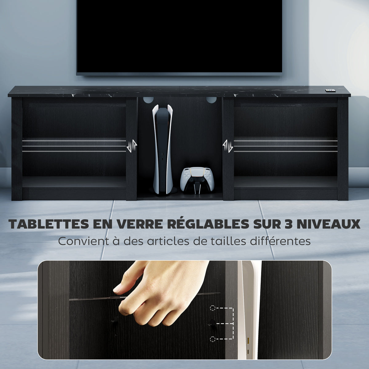 Meuble TV avec éclairage LED pour télévision jusqu'à 70 pouces, 160cm avec étagères en verre réglables, noir-5