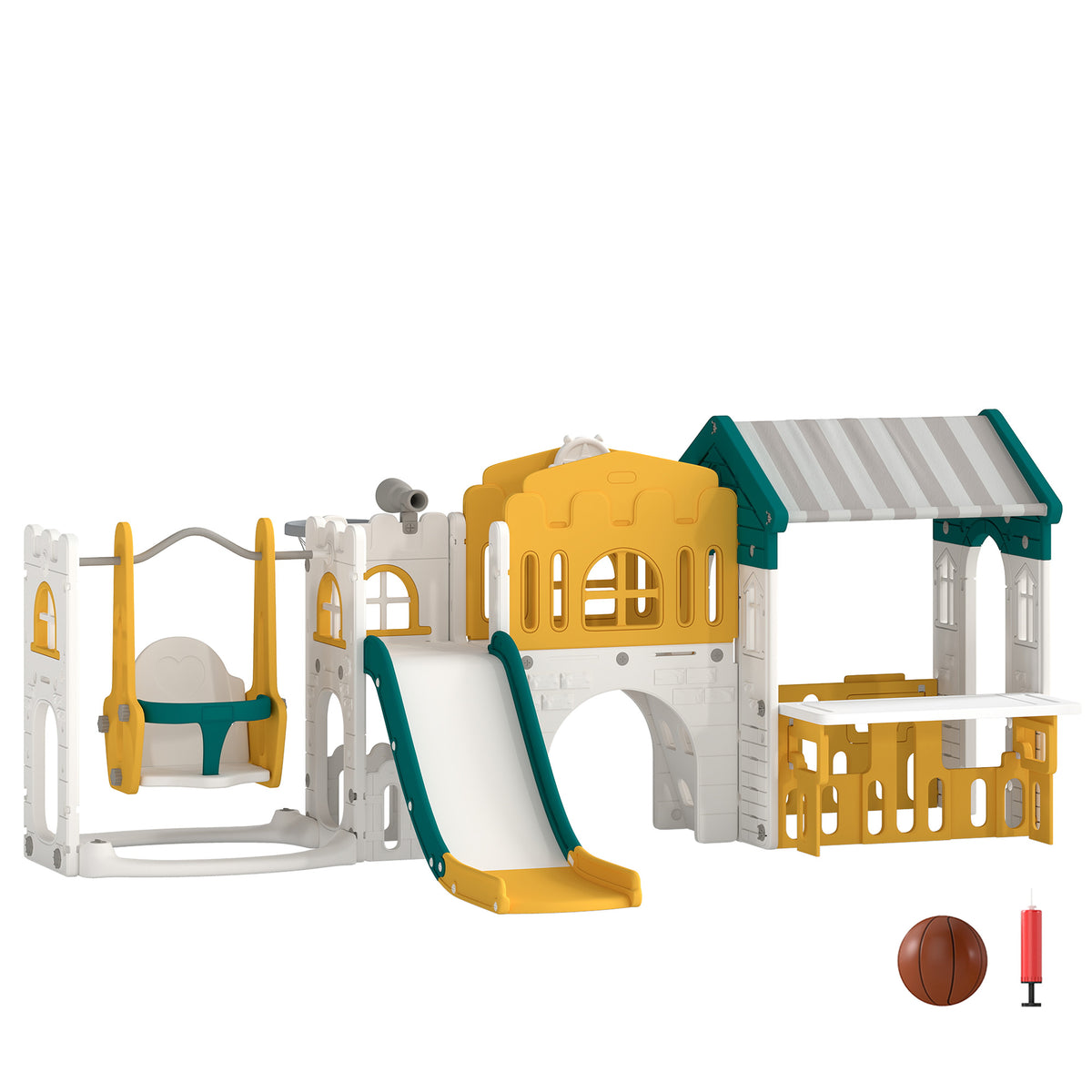 Ensemble Toboggan et Balançoire 11 en 1 Enfants, Aire de Jeux Intérieure, Maisonnette, Panier de Basket, 1-4 Ans, Jaune-0