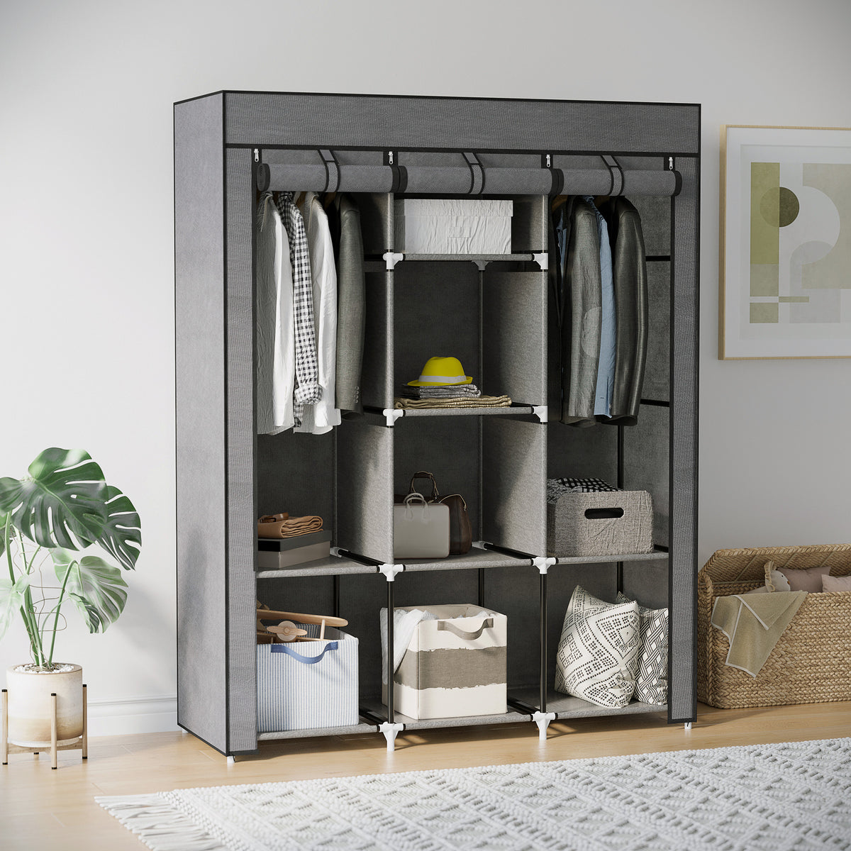 Armoire penderie multi-rangement - 8 étagères, 2 barres - non tissé gris-9