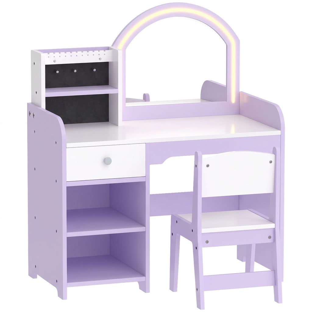 Coiffeuse pour Enfants avec Tabouret et Miroir en Acrylique à Éclairage Bicolore Coiffeuse Bureau Fille 3-8 Ans Violet-0