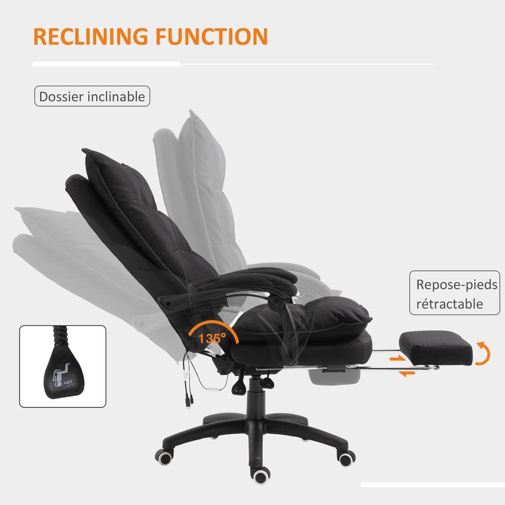 Fauteuil de bureau massant, chaise de bureau, chaise ergonomique avec hauteur réglable, dossier inclinable, repose-pied intégré et télécommande filaire, pivotant à 360°, toile de lin noir-4
