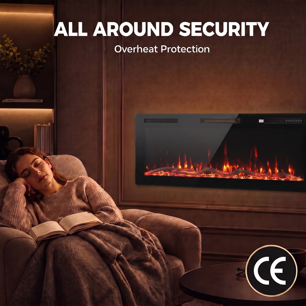 Cheminée Électrique Encastrable Murale ou à Poser 3 en 1 Cheminée Décorative Extra-Plat 900W/1800W Effet Flamme 3D Noir-8