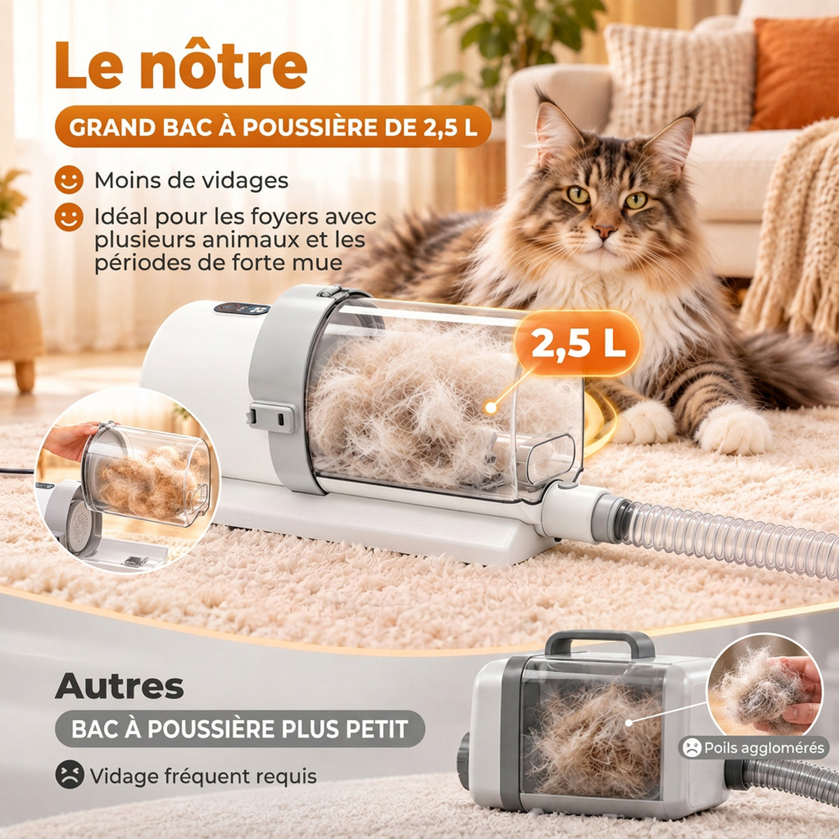 Aspirateur Toilettage Chien Chat 5 en 1 Tondeuse avec Aspiration Puissante 10kPa Grand Bac 2,5L Faible Bruit ≤65dB Blanc-3