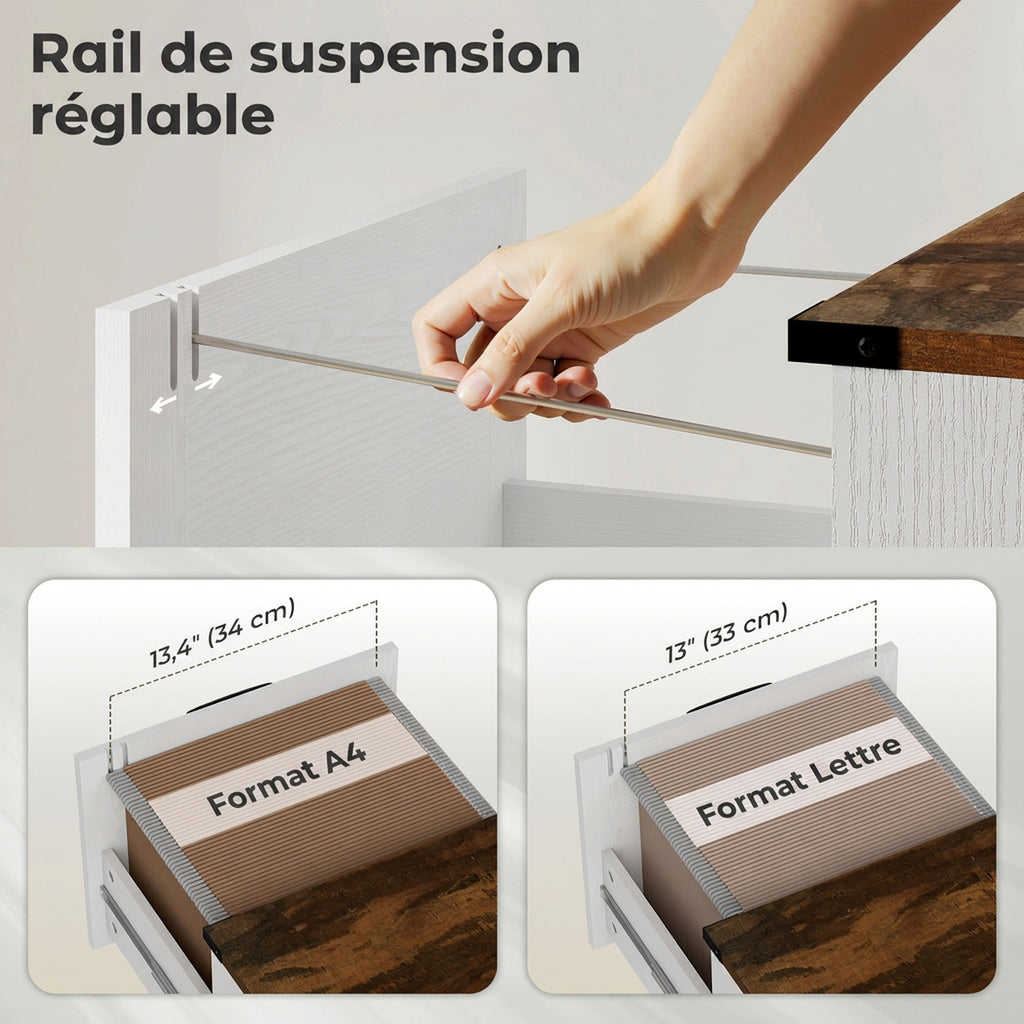 Caisson de Bureau avec 4 Tiroirs, Dossiers Suspendus pour Formats Lettre/A4, Style Rustique, 40x40x131cm, Blanc-5