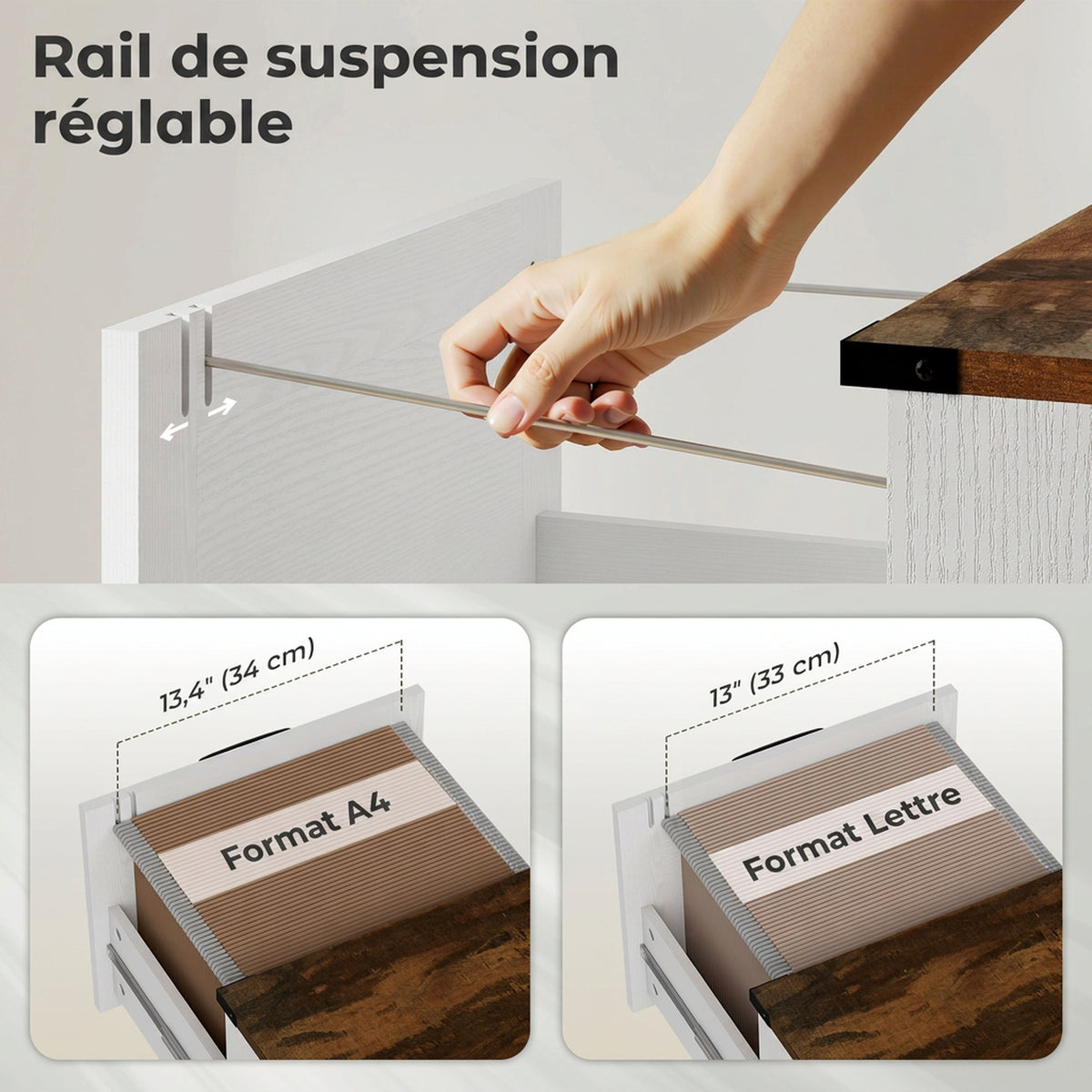 Caisson de Bureau avec 4 Tiroirs, Dossiers Suspendus pour Formats Lettre/A4, Style Rustique, 40x40x131cm, Blanc-5