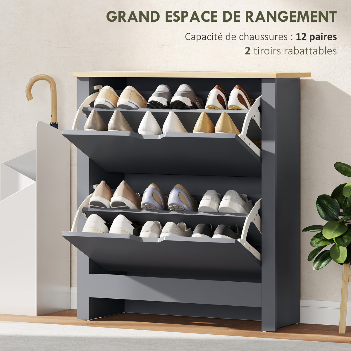 Meuble à chaussures 12 paires, armoire à chaussures étroite avec 2 tiroirs rabattables et étagères réglables, gris foncé-3