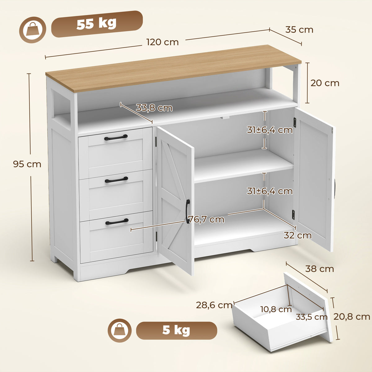 Buffet Cuisine, Meuble de Rangement avec 3 Tiroirs, 2 Portes Façon Grange, Plan de Travail et Compartiment Ouvert, Blanc-2